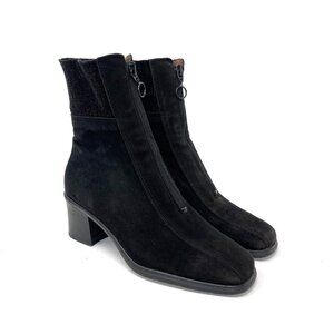Aquatalia Black Suede Mid-Calf Boots Front Zipper Closure & Block Heel Size 7